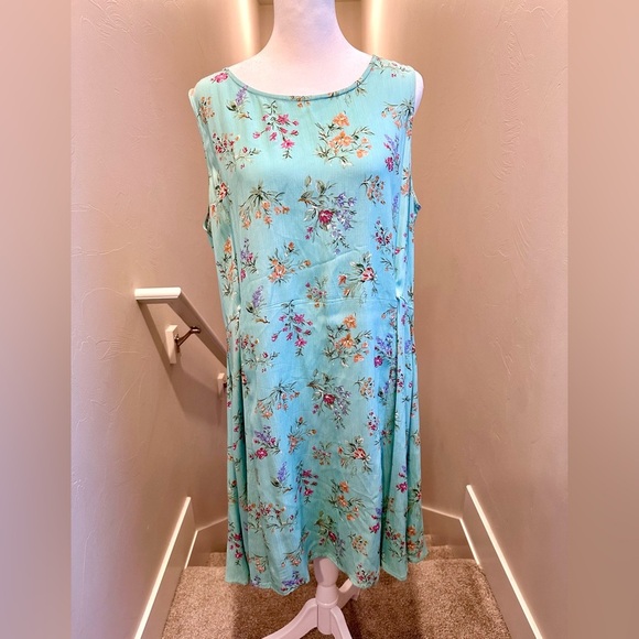 Eddie Bauer Vtg Green Floral Midi Dress 100% Rayon Size Large - Picture 1 of 5
